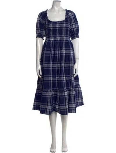 Pre-owned Hill House Home Plaid Print Midi Length Dress W/ Tags In Blue