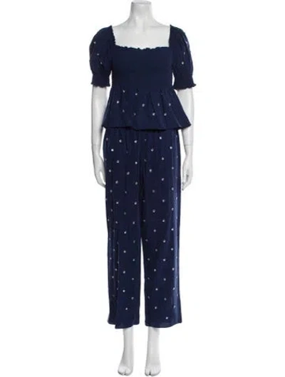 Pre-owned Hill House Home Polka Dot Print Crystal Embellishments Pant Set In Blue