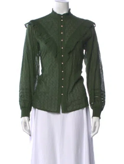 Pre-owned Hill House Home Printed Long Sleeve Blouse In Green