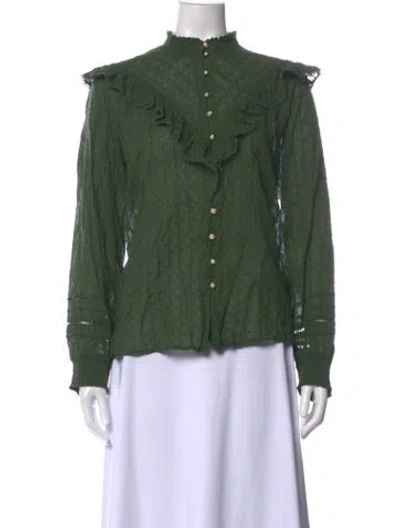 Pre-owned Hill House Home Printed Long Sleeve Blouse In Green