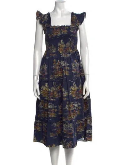 Pre-owned Hill House Home Printed Midi Length Dress In Blue
