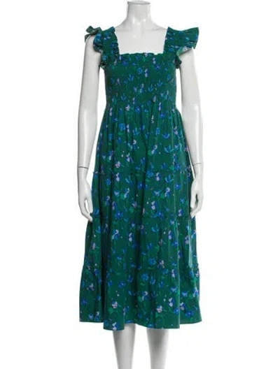 Pre-owned Hill House Home Printed Midi Length Dress In Green