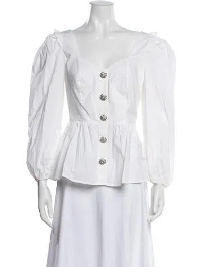 Pre-owned Hill House Home Square Neckline Long Sleeve Blouse In White