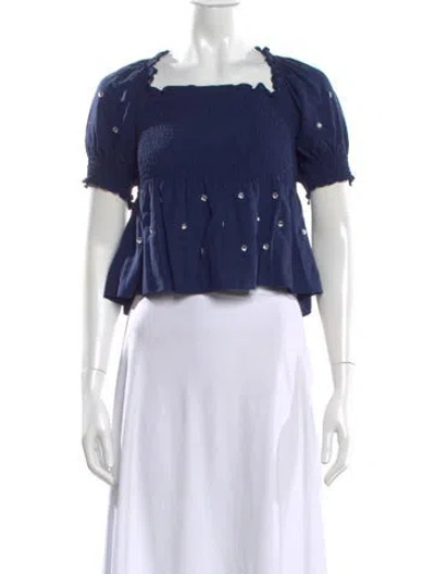 Pre-owned Hill House Home Square Neckline Short Sleeve Blouse In Blue