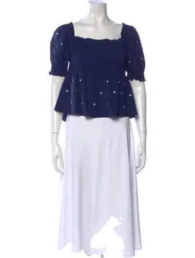 Pre-owned Hill House Home Square Neckline Short Sleeve Blouse W/ Tags In Blue