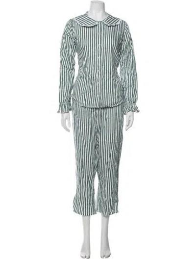 Pre-owned Hill House Home Striped Ruffle Embellishment Pajamas In Green/white