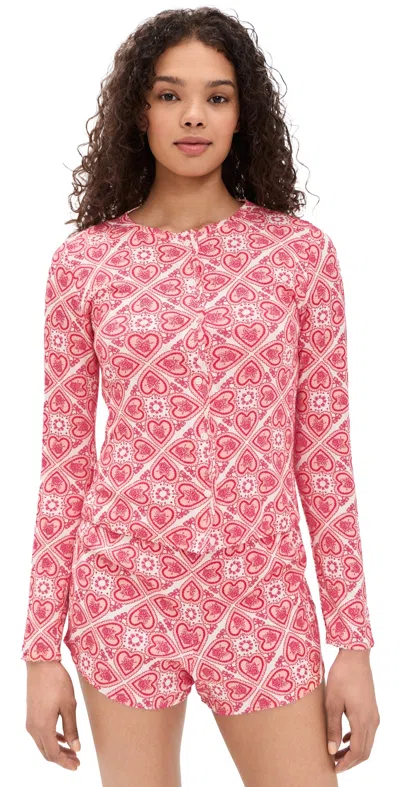 Hill House Home The Kaelie Pointelle Cardigan Patchwork Doily Heart/white In Pink