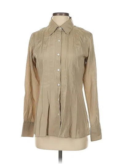 Pre-owned Hilton Hollis Long Sleeve Silk Top Tan Collared Neckline Tops In Brown