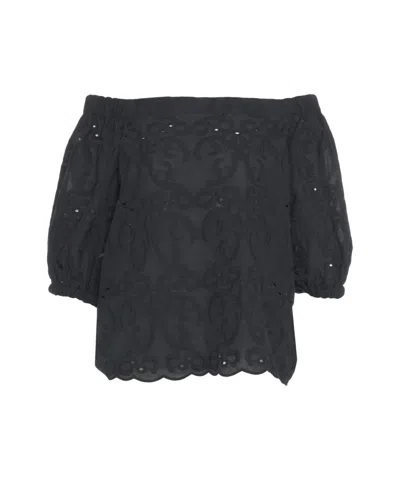 Himon's Himons Black Blouse With Embroideries And Boat Neckline