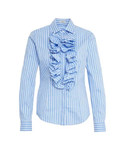 Himon's Blue Ruffled Blouse With Vertical Stripes
