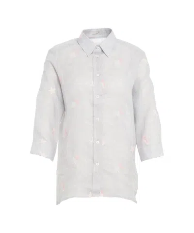 Himon's Himons Grey Linen Blouse With Embroidery In White