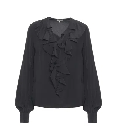 Himon's Ruffled Detail Blouse With Smocked Cuffs In Black