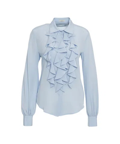 Himon's Ruffled Front Blouse With Classic Collar In Blue