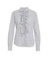 Himon's Vertical Striped Blouse With Ruffled Front In White