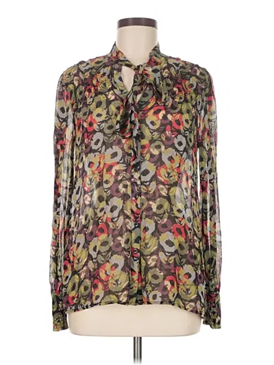 Pre-owned Hinge Long Sleeve Silk Top Green Floral Pattern Tie Neck Tops