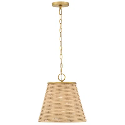 Hinkley Brynn 14"w Lacquered Brass And Natural Rattan Pendant Light