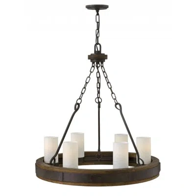 Hinkley Cabot Claypool 6 - Light Candle Style Wagon Wheel Chandelier In Rustic Iron With Vintage Walnut Accents