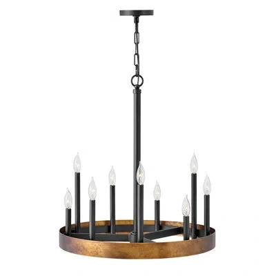 Hinkley Wells 24" Nine-light Candle Wagon Wheel Chandelier In Weathered Brass