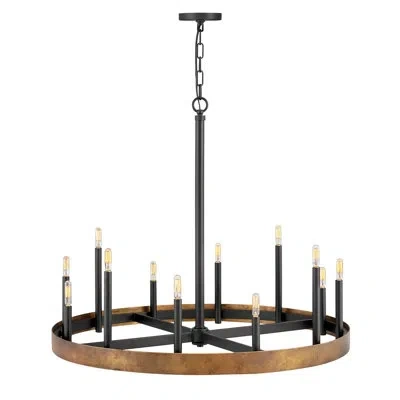 Hinkley Wells 35.75" Twelve-light Candle Wagon Wheel Chandelier In Weathered Brass