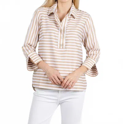 Hinson Wu Aileen 3/4 Sleeve Stripe Gingham Combo Shirt In Latte/white In Multi