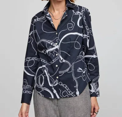 Hinson Wu Diane Long Sleeve Equestrian Print Shirt In Black/white In Blue