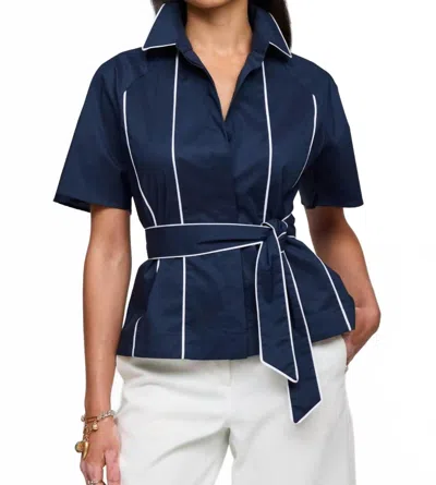 Hinson Wu Joanna Short Sleeve Blouse In Navy/white In Blue