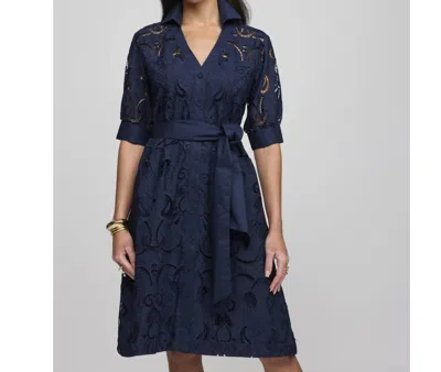 Hinson Wu Luca Elbow Sleeve Embroidered Eyelet Dress In Navy In Blue