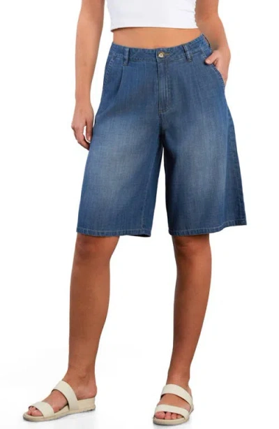Hint Of Blu Chill Pleated Mid Rise Denim Bermuda Shorts In Blue