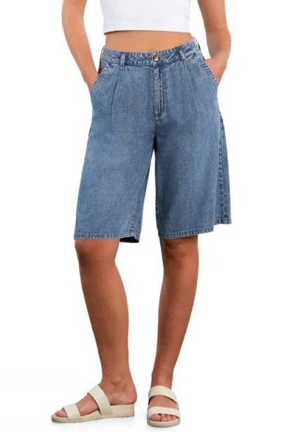 Hint Of Blu Chill Pleated Mid Rise Denim Bermuda Shorts In Blue