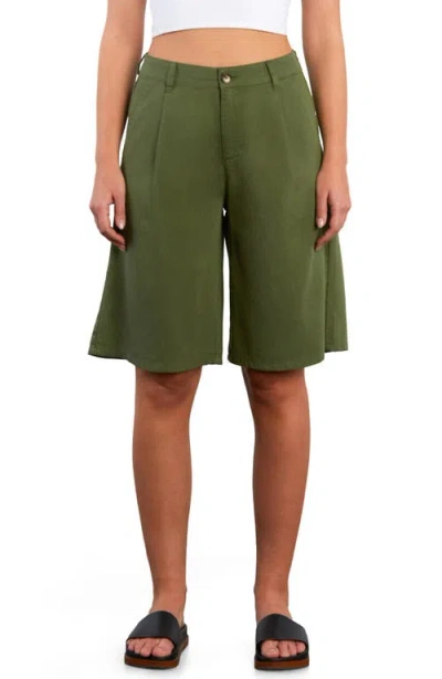 Hint Of Blu Chill Pleated Mid Rise Denim Bermuda Shorts In Green