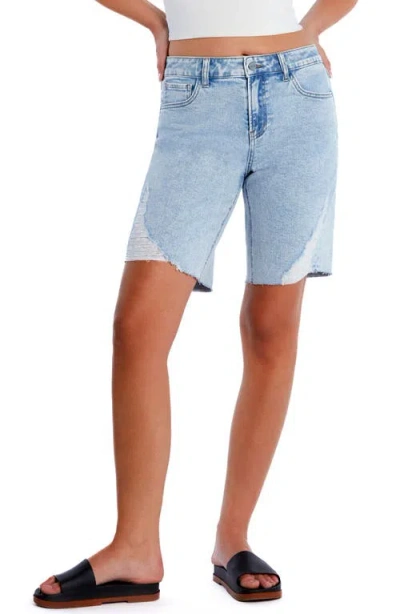 Hint Of Blu Cool Summer Raw Hem Long Denim Shorts In Blue Feather