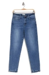 Hint Of Blu Distressed Hem High Waist Slim Straight Leg Jeans In Free Blue Dk.