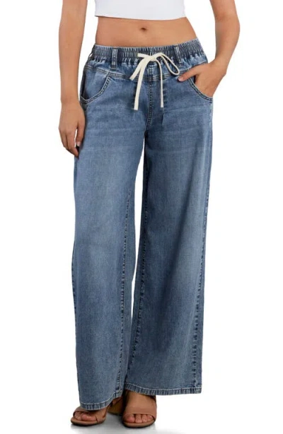 Hint Of Blu Elastic Waist Wide Leg Jeans In Blue