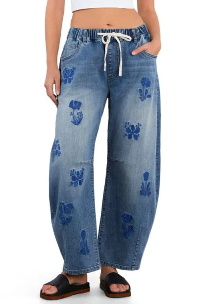 Hint Of Blu Embroidered Barrel Leg Drawstring Jeans In Blue