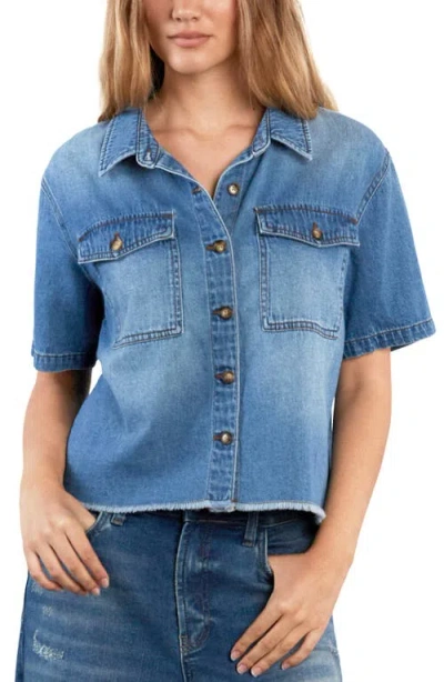 Hint Of Blu Emily Frayed Short Sleeve Denim Button-up Shirt In Blue