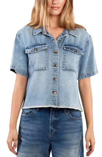 Hint Of Blu Emily Frayed Short Sleeve Denim Button-up Shirt In Blue