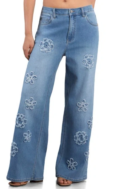 Hint Of Blu Floral Appliqué Wide Leg Jeans In Blue