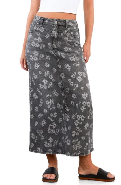 Hint Of Blu Floral Denim Maxi Skirt In Black