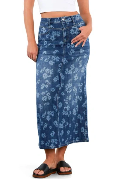 Hint Of Blu Floral Denim Maxi Skirt In Blue