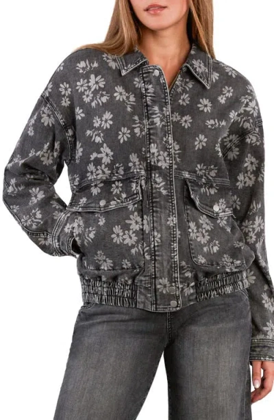 Hint Of Blu Floral Stretch Denim Jacket In Black