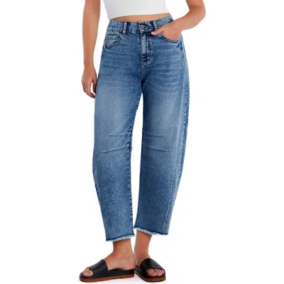 Hint Of Blu Frayed High Waist Crop Barrel Jeans In Blue