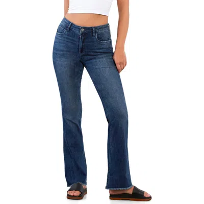 Hint Of Blu Fun Frayed Mid Rise Slim Flare Jeans In Blue