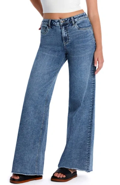 Hint Of Blu Happy Shaggy High Waist Raw Hem Wide Leg Jeans In Blue