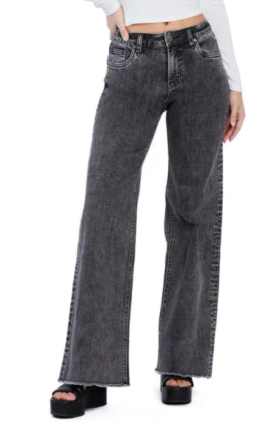 Hint Of Blu Happy Shaggy High Waist Raw Hem Wide Leg Jeans In Stormy Grey