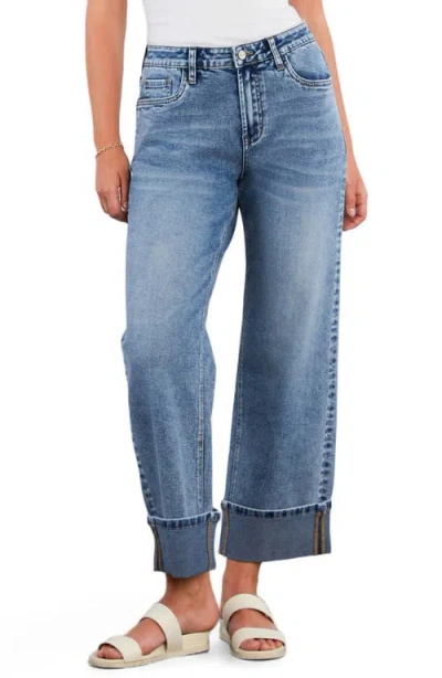 Hint Of Blu High Waist Cuff Wide Leg Jeans In Blue