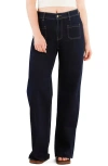 Hint Of Blu Patch Pocket Raw Hem Wide Leg Jeans In Blue