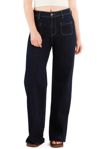 Hint Of Blu Patch Pocket Raw Hem Wide Leg Jeans In Blue