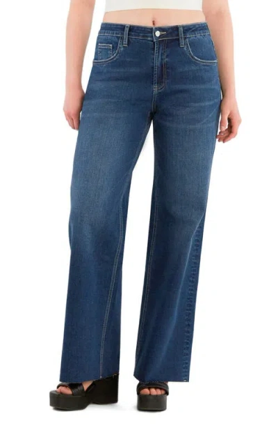 Hint Of Blu Raw Hem Wide Leg Jeans In Blue