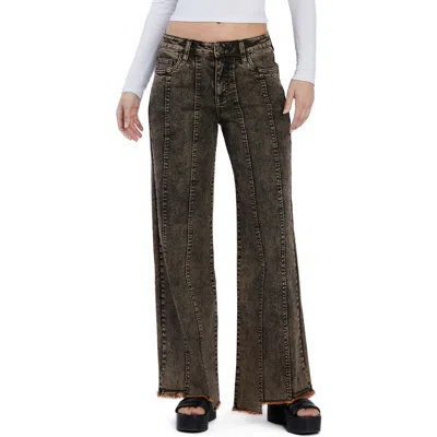 Hint Of Blu Seamed Step Hem Wide Leg Jeans In Sand Storm Brown