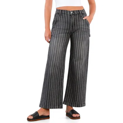 Hint Of Blu Stripe High Rise Wide Leg Jeans In Black